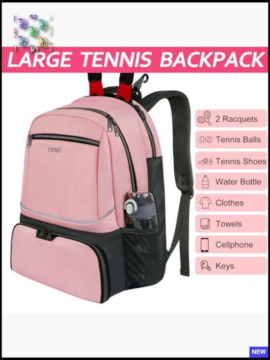 Tennis Backpack 2 Rackets Insulated Pocket Ventilated Shoe Compartment Water